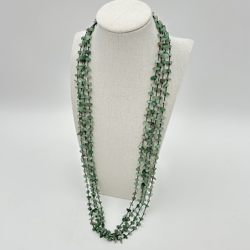 Vintage Four Strand Green Aventurine Gemstone Chip Necklace Boho Earthy Necklace